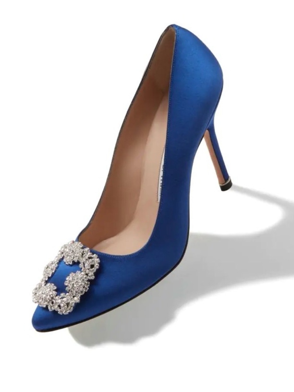 Manolo Blahnik Royal Blue Satin Pointed-Toe Crystal Buckle Pumps